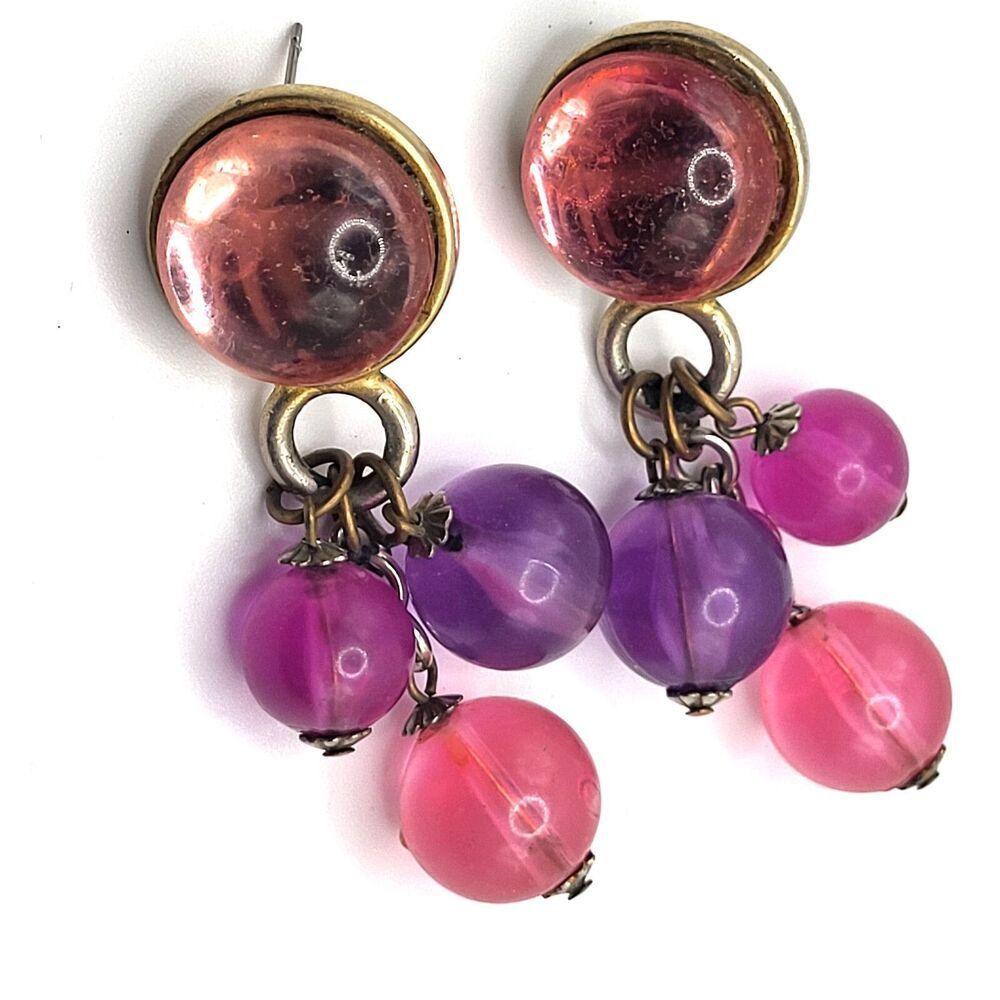 Vintage Jelly Cabochon Pink and Purple Bauble Earrings 2.5in